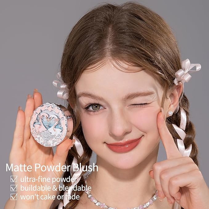 Flower Knows Swan Ballet Embossed Blush,Peachy Matte Finish,Buildable & Blendable Powder Blush for cheeks,Natural Flush for All Skin Tones(05 Dreamy Season,5g)