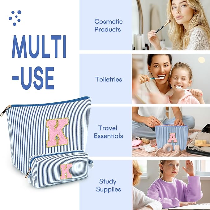 mibasies 2 PCS Initial Makeup Bags for Women: - Birthday Gifts for Teen Girls 11 12 13 14 15 16 Years Old - Preppy Trendy Stuff - Cosmetic Bag for Travel Toiletry - Blue K