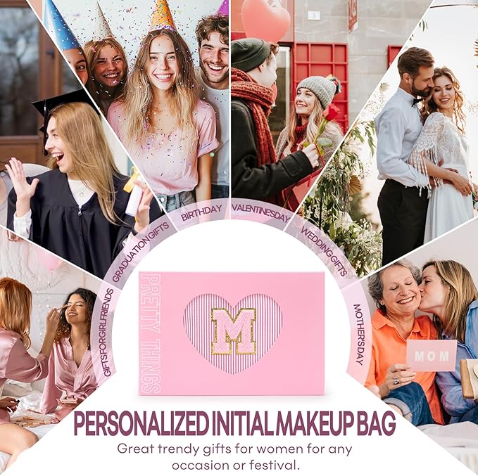 mibasies 2 PCS Initial Makeup Bags for Women: - Birthday Gifts for Teen Girls 11 12 13 14 15 16 Years Old - Preppy Trendy Stuff - Cosmetic Bag for Travel Toiletry - Pink M