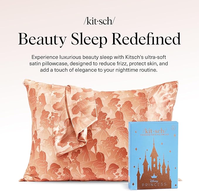Kitsch & Disney Princess Satin Pillowcase with Zipper for Hair & Skin - Softer Than Silk Pillow Cases, Smooth Pillow Covers, Wrinkle-Free, Queen/Standard (19x26)