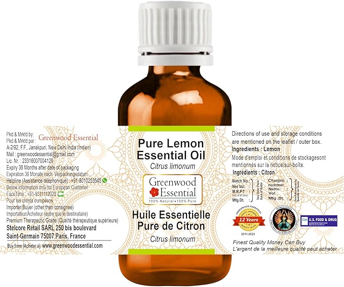 Greenwood Essential Pure Lemon Essential Oil (Citrus limonum) Steam Distilled 50ml (1.69 oz)