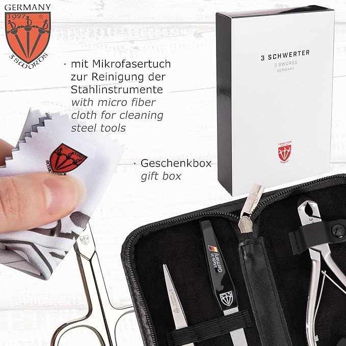 3 Swords Germany - brand quality professional TOE NAIL NIPPER and BEARD SCISSORS set STAINLESS STEEL INOX wave clipper, head cutter with case for ingrown toe nails pedicure by 3 Swords (219)