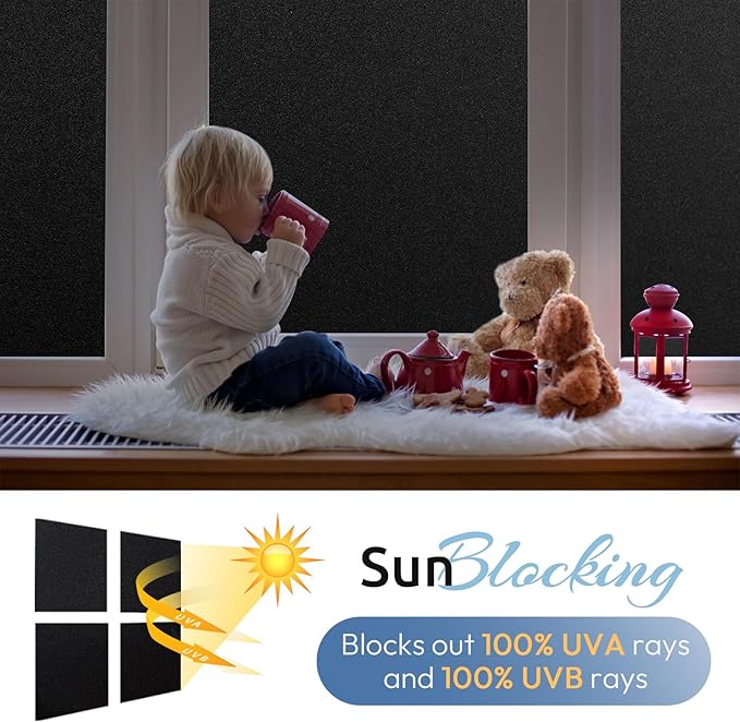 rabbitgoo Blackout Window Film, Sun Heat Blocking Privacy Cover for Glass, Removable Opaque Room Darkening Dark Black Out Window Covers Tint Shades for Home Day Sleep Light Blocker 17.5 x 118.1 Inches