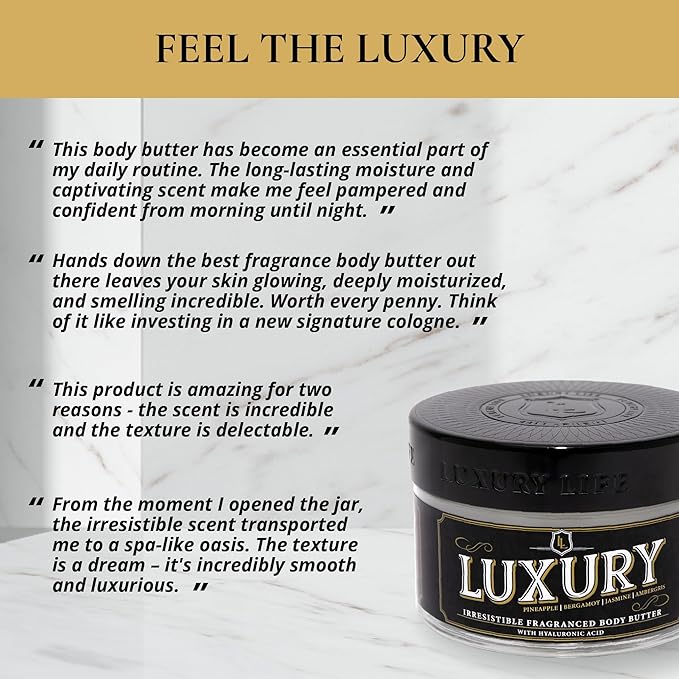 LUXURY LIFE BUTTER - Irresistibly Scented Body Butter with Hyaluronic Acid for Ultimate Moisture. Hydrates for a Non-Greasy Glamorous Glow (Presidential, Intimate Dessert, Tobacco Vanilla 5 oz)