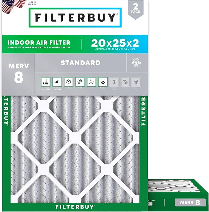 Filterbuy 20x25x2 Air Filter MERV 8 Essential Dust & Allergy Defense, by Filterbuy