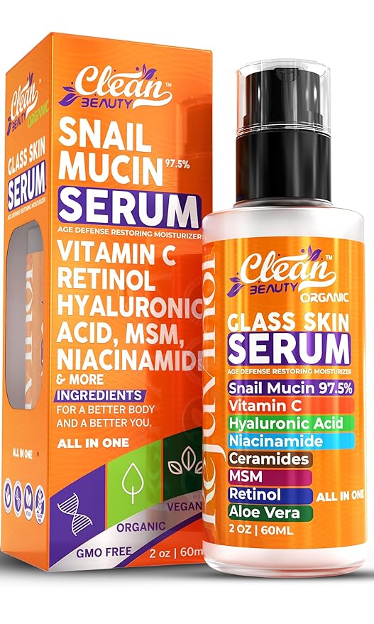 Clean Beauty Snail Mucin Serum Vitamin C Face Serum Anti Aging with Hyaluronic Acid Niacinamide Retinol MSM Aloe Vera & Ceramides, Korean Skin Care Dark Spot Remover for Glowing Skin Beauty, Pack of 1