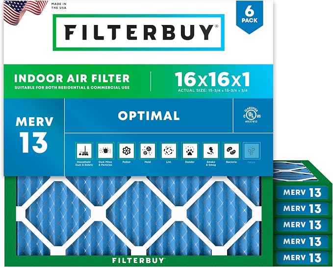 Filterbuy 16x16x1 Air Filter MERV 13 Optimal Smoke & Allergy Defense, by Filterbuy