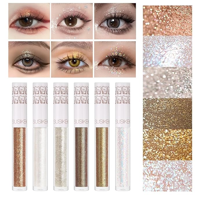 Eye Glitter Liquid Eyeshadow Eyeliner Set(6Pcs), Glittery Korean Makeup Bling Under Eye Shadows, Shimmer Tear Drop Make Up Gift Kit, Quick-Dry, Long-Lasting Loose Glitter Glue for Crystal Makeup