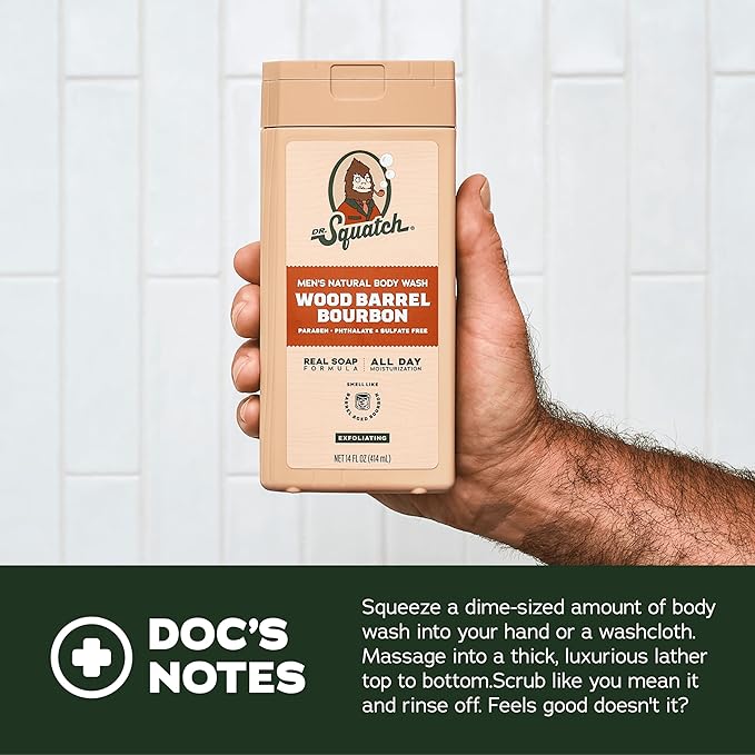 Dr. Squatch NEW Body Wash for Men with Nourishing, Natural Ingredients | No Paraben, Phthalate, Sulfate | All Day Moisture | Long Lasting Scent | Wood Barrel Bourbon & Pine Tar (14 oz, 2-Pack)