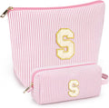2 PCS Initial Makeup Bags for Women: Cosmetic Bag for Travel Toiletry - Birthday Gifts for 11 12 13 14 15 16 17 18 Years Old Girl Graduation Teacher Gift- Teen Girl Gifts Trendy Stuff - Light Pink S