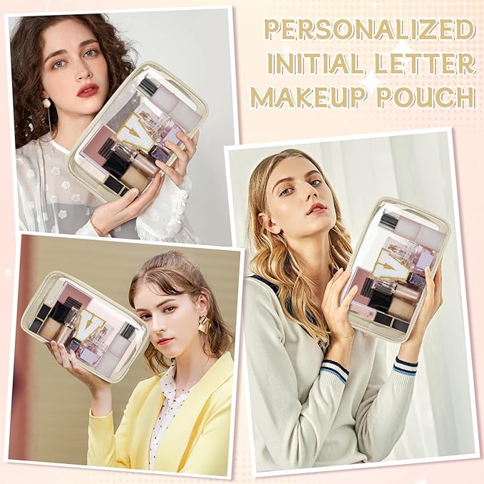 Personalized Initial Clear Makeup Bag, Travel Chenille Patch Cosmetic Bag, Preppy Toiletry Bag Monogram Cosmetic Pouch with Zipper, Ideal Gift for Teen Girls Women (Clear-Beige, V)
