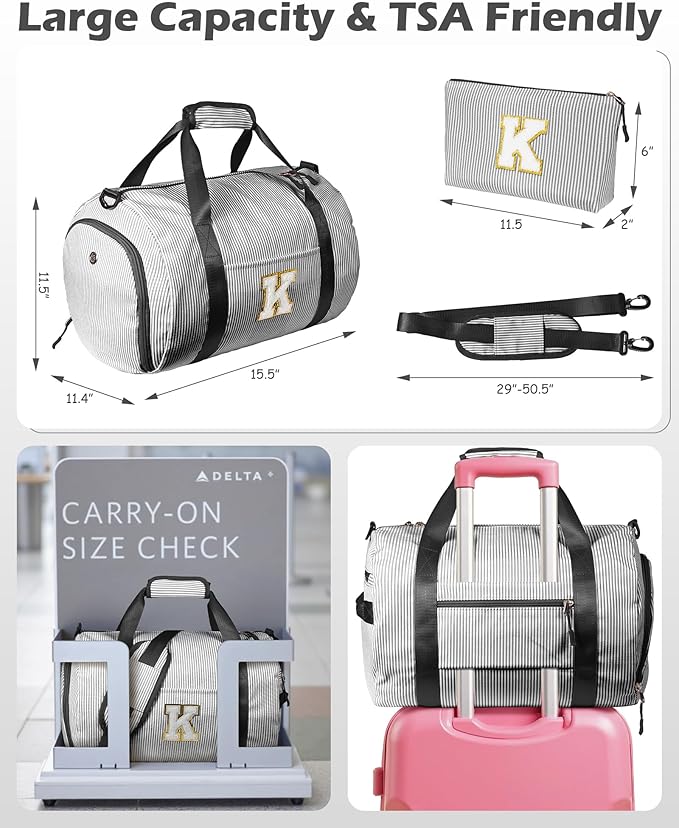 Cute Preppy Gift, Girls Travel Duffle Bag, Kids Initial Overnight Bags with Shoe Compartment, Monogram Weekender Bag with Makeup Pouch, Chenille Birthday Gifts for Teen (Letter D)