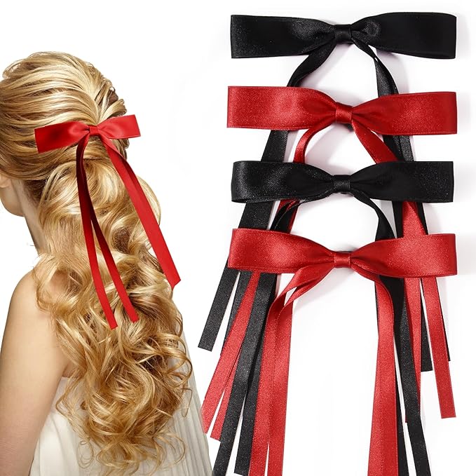 4 PCS Tassel Ribbon Bowknot Hair Clips With Long Tail for Women Girl Teens Kids, Solid Holder Fashion Bow Bowknot Hair Accessories Headwear Barrettes Claw(Black&Red)