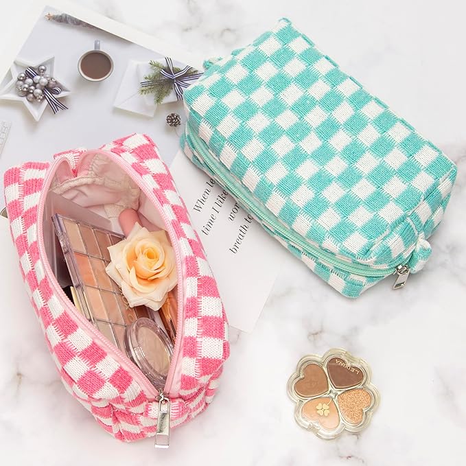 Checkered Makeup Bag for Purse Portable Zipper Make Up Pouch Small Cosmetic Case for Travel Accessories Pink White