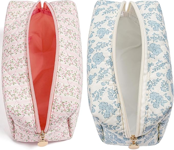 Makeup Travel Cosmetic Bag, Two Pack: Pink+Blue Floral, Zipper Closure, Durable Polyester, Perfect for Toiletry, Makeup, Travel