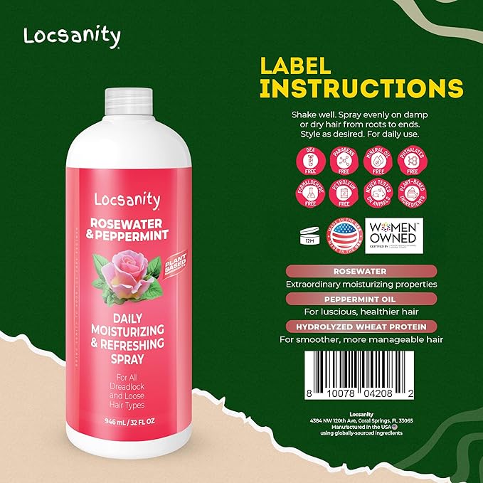 Locsanity Rosewater and Peppermint Daily Moisturizing Spray – Jumbo Size Hydrating Dreadlock Spray to Nourish the Scalp and Protect Hair From Oil and Buildup (32oz)