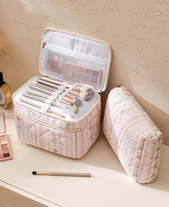 HBselect 2Pcs Travel Makeup Bag, Large Cotton Quilted Makeup Bag Cosmetic Bag Cute Make up Bag Toiletry Bags for Women Girls