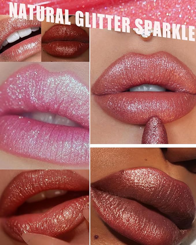 Nude Pink Metallic Glitter Lipstick Long Lasting, Diamond Shimmer Lip Gloss High Pigmented Lip Red Color Matte Lip Stick for Women, Sparkling Shiny Transfer Proof Non Stick Tinted Lip Balm Makeup-01