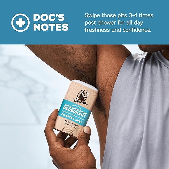 Dr. Squatch Natural Deodorant for Men - Odor-Squatching Aluminum Free - Coastal Mist (2.65 oz, 3-Pack)