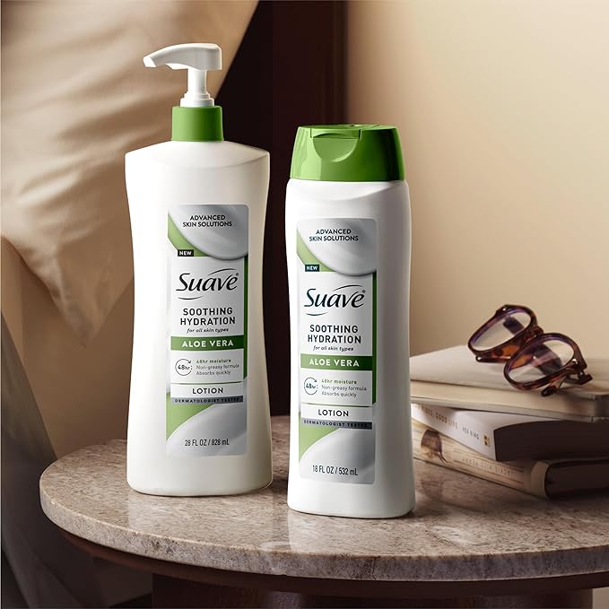 Suave Soothing Hydration Hand & Body Lotion With Aloe Vera Refreshes Dry Skin, Fast Absorbing, Intensive Moisturizing Cream For Women, Non Greasy, Allergen Free, 18 FL OZ, 6 Pack