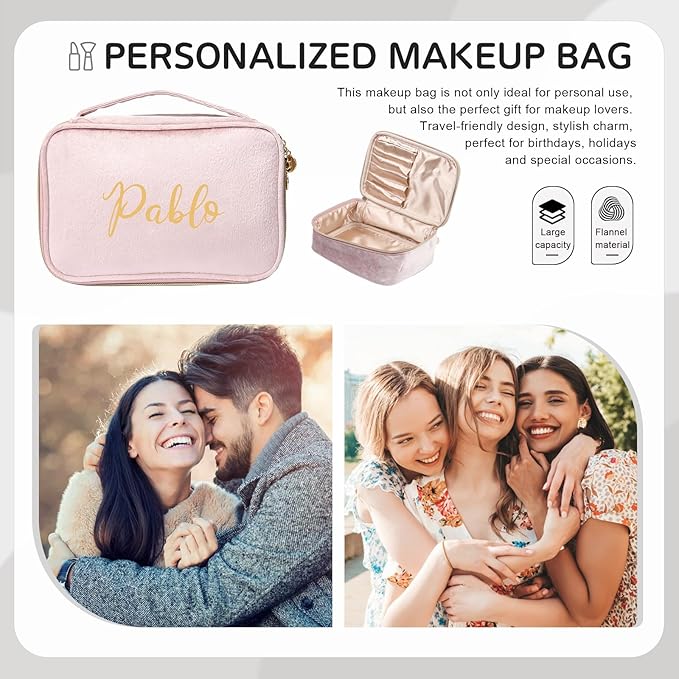 Personalized Name Makeup Bags - Monogrammed Gift for Women Girls Cosmetic Bag with Zipper Gift Ideal for Teen Girls Women Birthday Friend Mom (Pink)