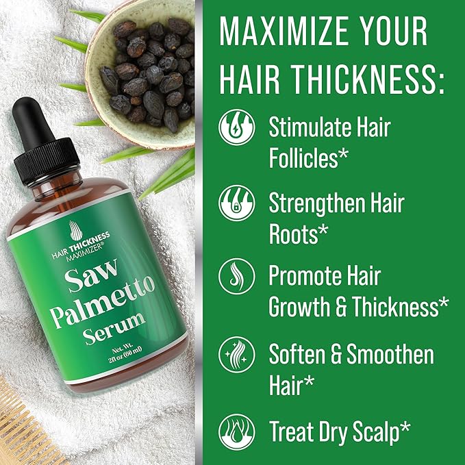Saw Palmetto Serum for Hair Growth and Thickening - With Rosemary, Peppermint, Pumpkin Seed Oils. Vegan Moisturizing and Strengthening Scalp Treatment for Women, Men, Weak, Dry, Frizzy Hair 2oz