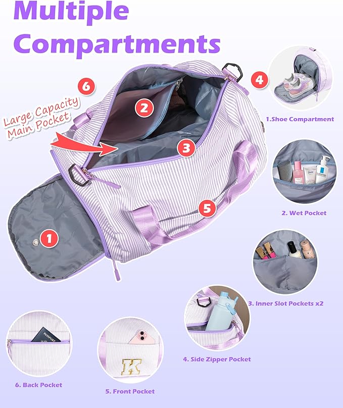 Christmas Gift for Her, Girls Travel Duffle Bag, Kids Initial Overnight Duffel Bags with Shoe Compartment, Personalized Dance Bag with Cosmetic Pouch, Tween Gifts Trendy Stuff (Letter W)