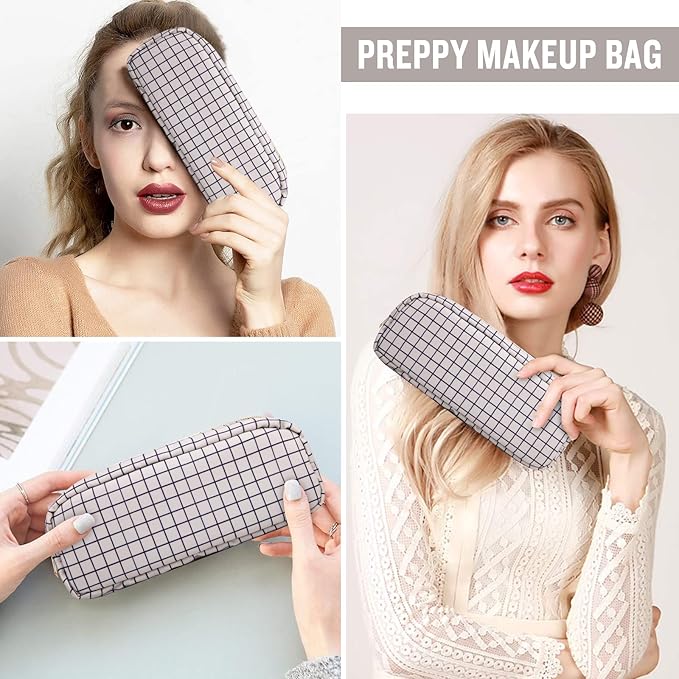 Nylon Slim Makeup Bag, Cute Makeup Brush Bag Checkered Makeup Bag Preppy Cosmetic Zipper Pouch for Purse, Travel Toiletry Bag Coin Pouch Make Up Organizer for Women Men Girls