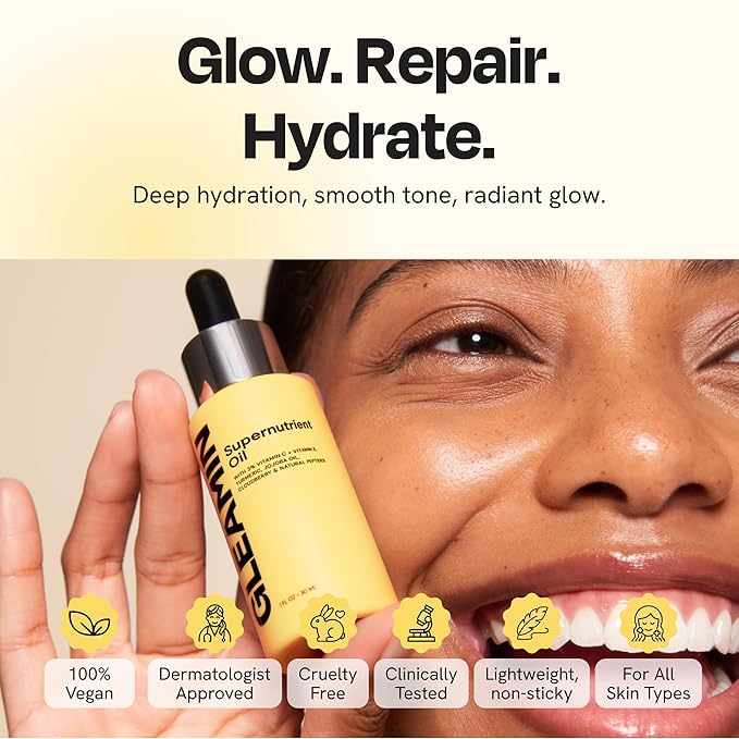Gleamin Brightening Face Oil with Vitamin C & E, Turmeric, Jojoba & Cloudberry | Hydrating Facial Oil for Radiant Glow, Dark Spots, Fine Lines & Uneven Tone | Skin Brightening for Women & Men, 1 Fl Oz