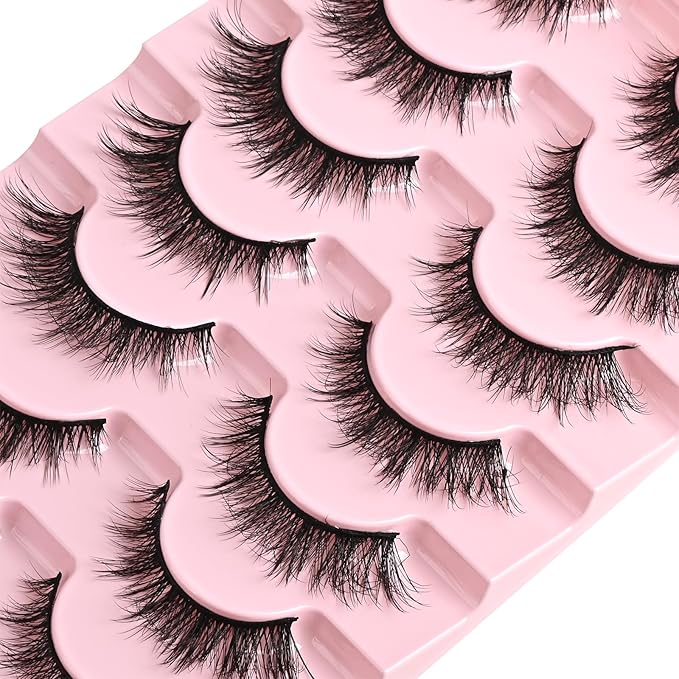 FARRED Cat Eye Lashes Natural Wispy Eyelashes Fluffy False Lash Strips Short Cateye Fake Eyelash 14mm Full Strip Lashes Pack 7 Pairs Pestañas Sets for MUA and Beginners Daily Makeup