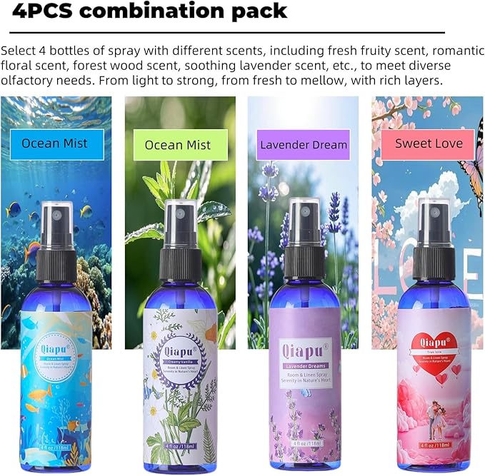 Natural Bedroom Linen Spray Scented Room Mist with Plant Extracts Long Lasting Freshness for Sheets, Pillows & Curtains – 4oz（4Bottle）
