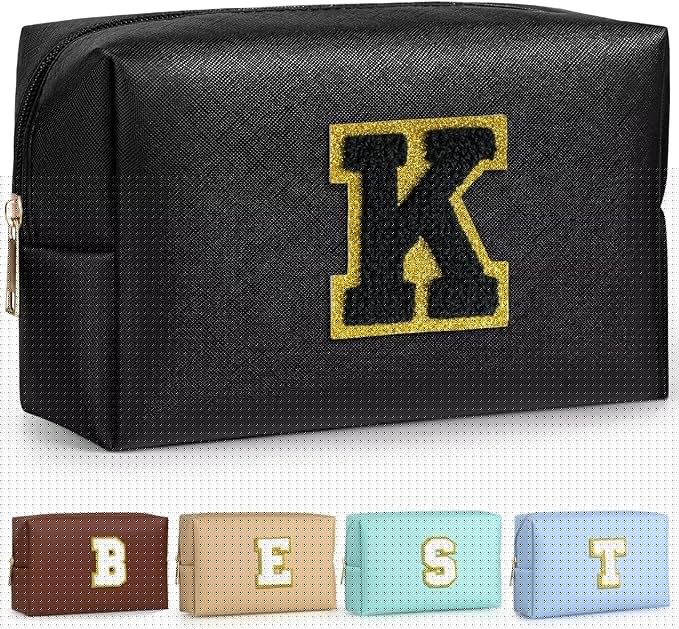 TOPEAST Initial Cosmetic Bag, PU Leather Waterproof Travel Toiletry Bag, Monogrammed Gifts for Women, Personalized Birthday Gift for Sister Friends, Cute Stuff for Girls (Black K)