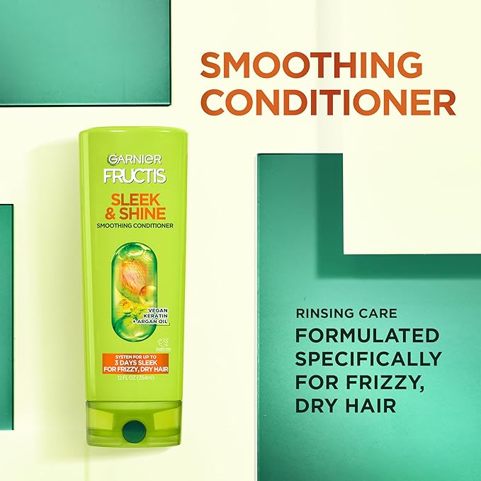 Garnier Fructis Sleek & Shine Shampoo (22 Fl Oz) + Conditioner (21 Fl Oz) Set for Frizzy, Dry Hair, Plant Keratin + Argan Oil (2 Items), 1 Kit (Packaging May Vary)