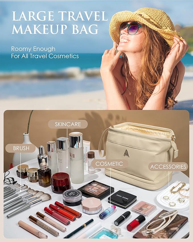 Initial Makeup Bag, Women Gifts, Personalized Double Layer Cosmetic Bag with Makeup Brush Organizer, Waterproof, Large Capacity PU Leather Travel Toiletry Bag Gifts for Friends Female Mom