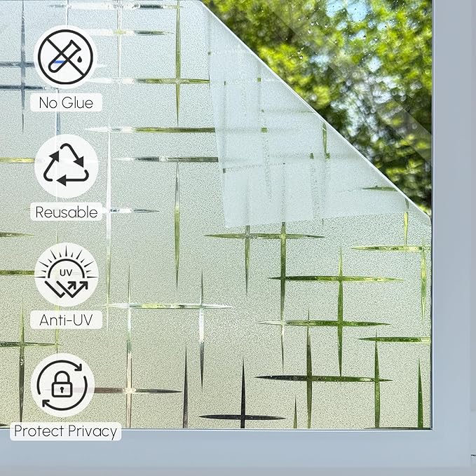 HIDBEA Window Privacy Film, Decorative Staic Cling Frosting Film, Heat Control UV Blocking Non-Adhesive Window Sticker for Home, Cross Pattern,29.5 X 78.7 Inches