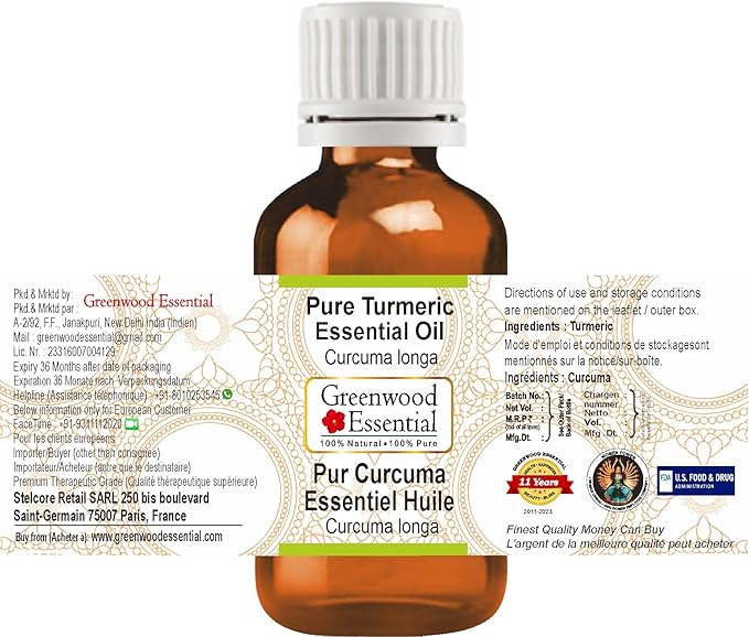 Greenwood Essential Turmeric Essential Oil (Curcuma Longa) Steam Distilled (Pack of Five) 100ml X 5(16.9 oz)