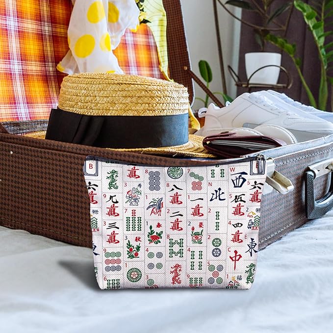 Chinoiserie Chinese Mahjong Tiles Makeup Bag, Mahjong Gifts Cosmetic Bags for Women, Gifts for Mah Jong Players Lovers Makeup Zipper Pouch