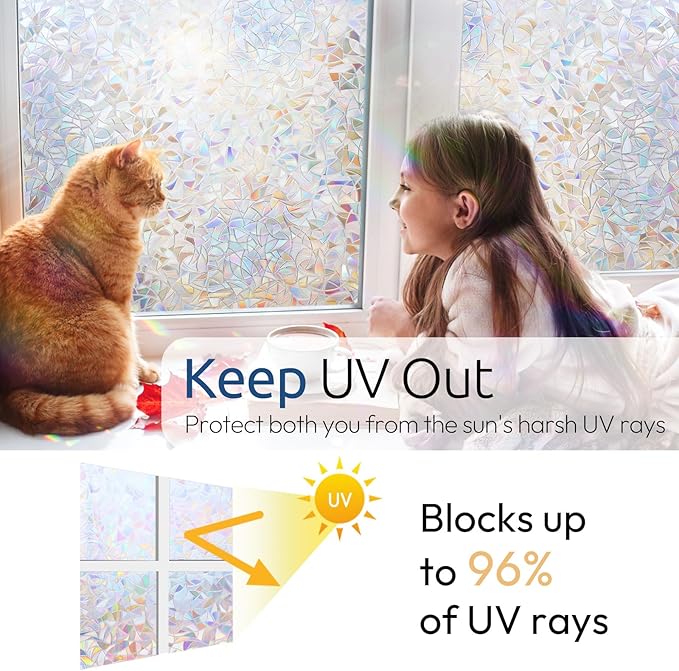 rabbitgoo Window Privacy Film Rainbow Film Decorative Window Sticker, 3D Static Stained Glass Cling Tint for Home Heat Control Non-Adhesive, 35.4 x 78.7 inches
