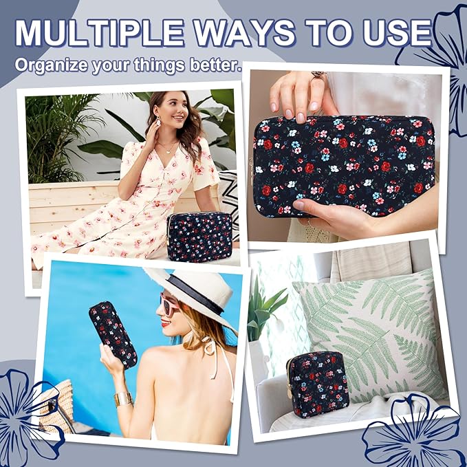 Waterproof Large Floral Makeup Pouch,Nylon Travel Toiletry Storage Purse Preppy Cosmetic Bag for Women Girl,Large Capacity Makeup Organizer Zipper Pouch for Work(L Black-Flowers)