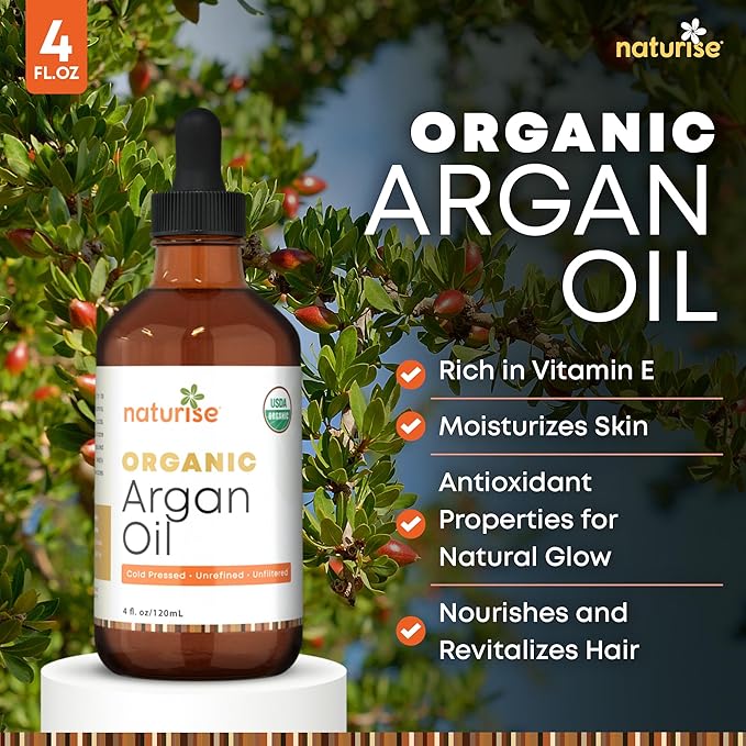 USDA Organic Argan Oil for Hair & Skin – 100% Pure Argan Oil of Morocco for Face, Skin Moisture & Hair Growth – Vegan, Non-GMO, Cold Pressed & Unrefined Oils in Glass Bottle (4 fl. oz.)