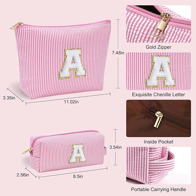 YOOLIFE Cute Pink Initial Make Up Bag Travelling, Personalized Makeup Bag with Zipper Cosmetic Makeup Pouch Travel Accessories Birthday Gift Friends Female Mom Teacher Sweet 16 Gifts Daughter Gifts W