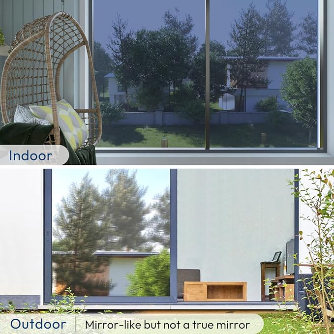 rabbitgoo Window Privacy Film One Way Window Tint for Home, Removable Reflective Heat Sun Blocking Anti UV Glass Door Covering, Mirror Tinting Film House Office, 17.5 in X 13.1 Feet, Blue Silver