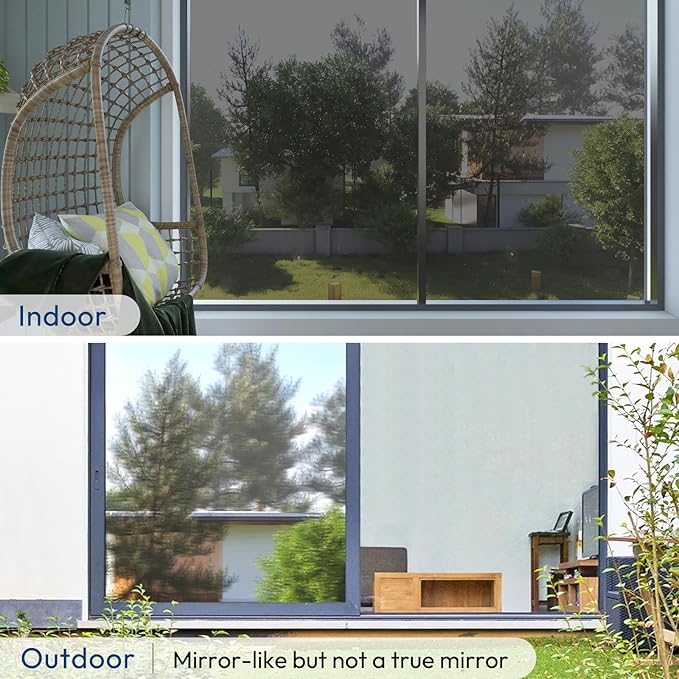 rabbitgoo Window Privacy Film One Way Window Tint for Home, Removable Reflective Heat Sun Blocking Anti UV Glass Door Covering, Mirror Tinting Film House Office, 17.5 in X 16.4 Feet, Black Silver