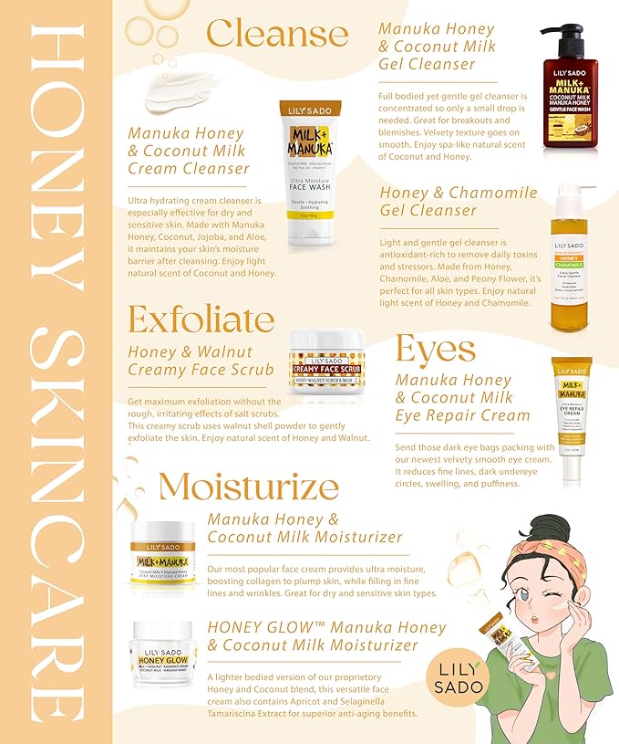 LILY SADO HONEY GLOW Radiance Cream Face Moisturizer - Natural Daily Facial Lotion w Manuka Honey, Coconut, Apricot, Gotu Kola, and VITS B5 & E - Amazing Anti Aging Formula. 2 oz