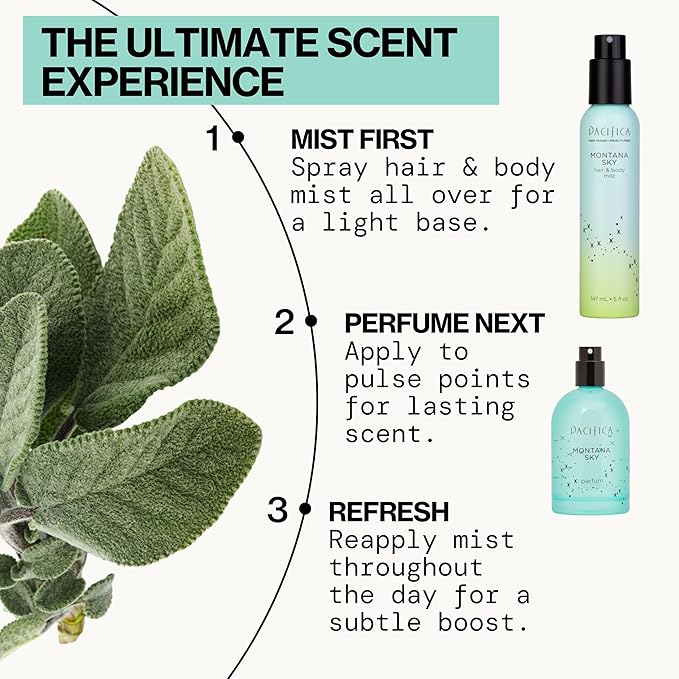 Pacifica Hair Mist Perfume & Full Body Spray for Women - Montana Sky Body Mist Fragrance w/Cedarwood, Elderflower, Black Pepper, Sage & Sandalwood Clean Beauty Alcohol-Free, Vegan & Cruelty-Free 5 oz