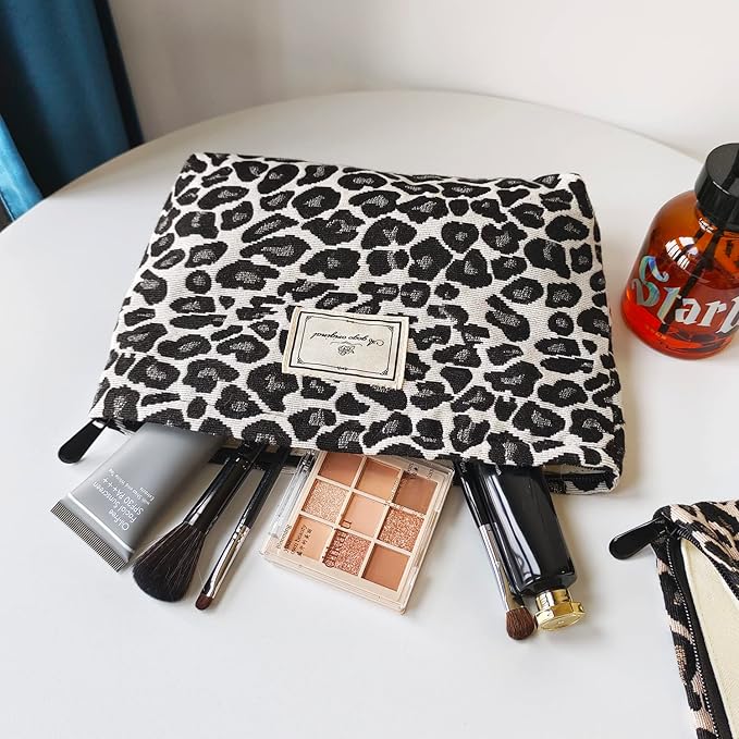 STARDW Leopard Makeup Bag Organizer Cosmetic Bags for Women and Girls,Travel Toiletry Bag Large Capacity Canvas Makeup Zipper Pouch, Purse Organizer Pouches (Gray Leopard)