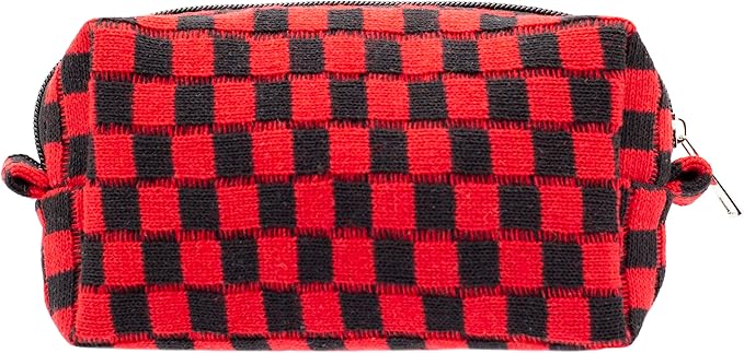 PAZIMIIK Checkered Makeup Bag for Purse Portable Zipper Make Up Pouch Small Cosmetic Case for Travel Accessories (Red Black)