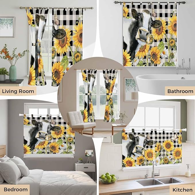 Retro Sunflowers Kitchen Curtains 36 Inch Length, Small Window Curtains Tab Top - Image 7