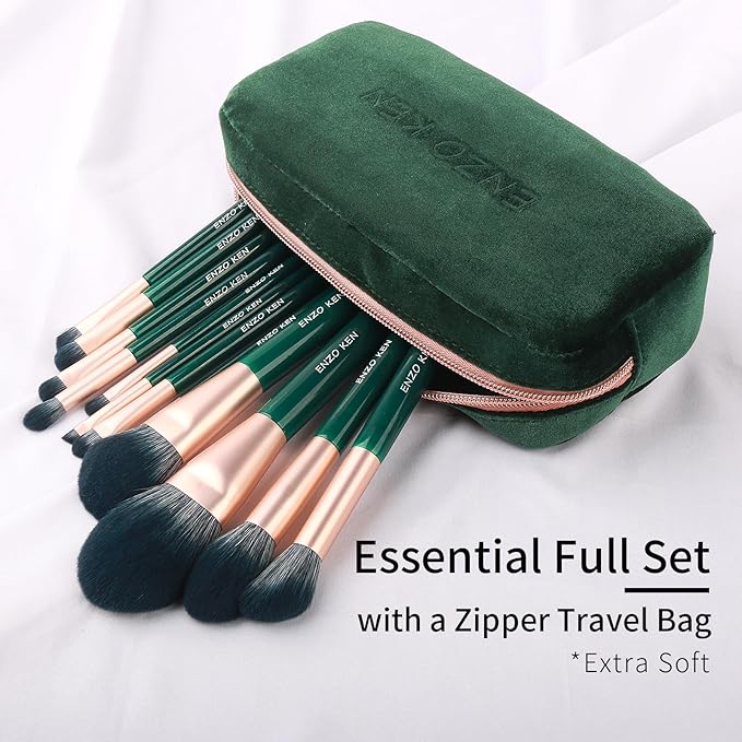 Natural Fiber & Goat Hair Makeup Brush Set Professional, Combined Hair Makeup Brushes Set with Case by Luxury ENZO KEN, Emerald Green Cosmetic Brushes Makeup Set, Natural Bristle Makeup Brushes.