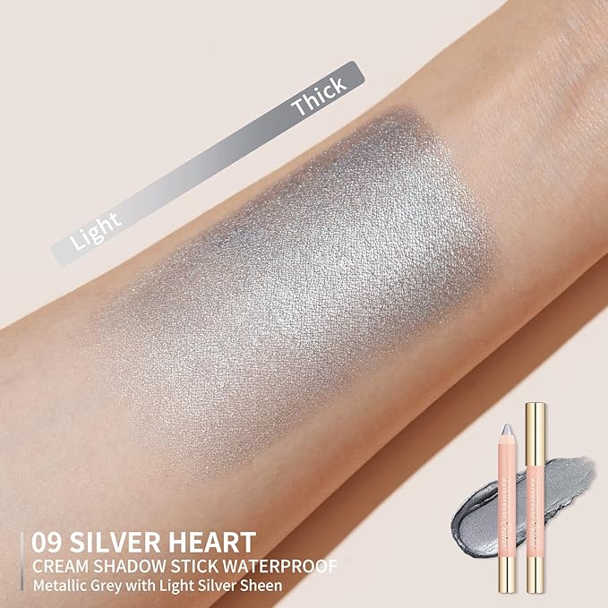 Oulac Silver Glitter Eyeshadow Pencil - Waterproof Eye Shadow Stick Smooth and Long Lasting, Shimmering Glitter Finish, Blendable Eyes Makeup, Vegan & Cruelty-Free 3.8g, (09) Silver Heart
